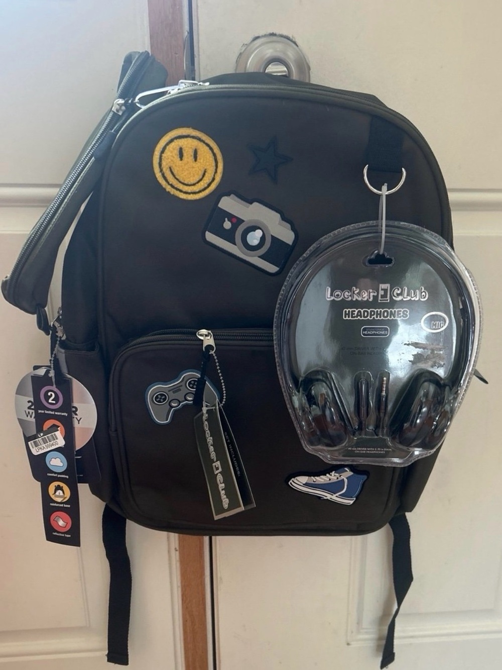 Full size Green Patch Backpack with Headphones and pencil case